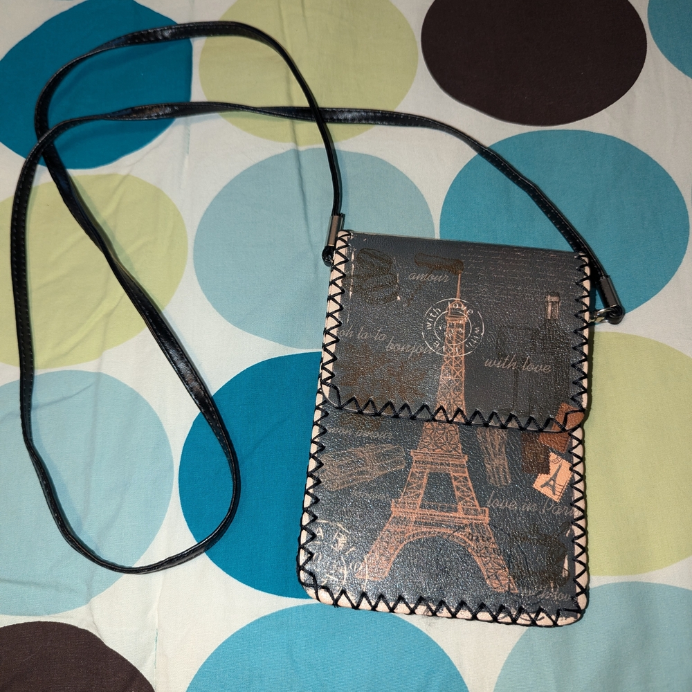 France Themed Stitched Mini Leather Crossbody Purse